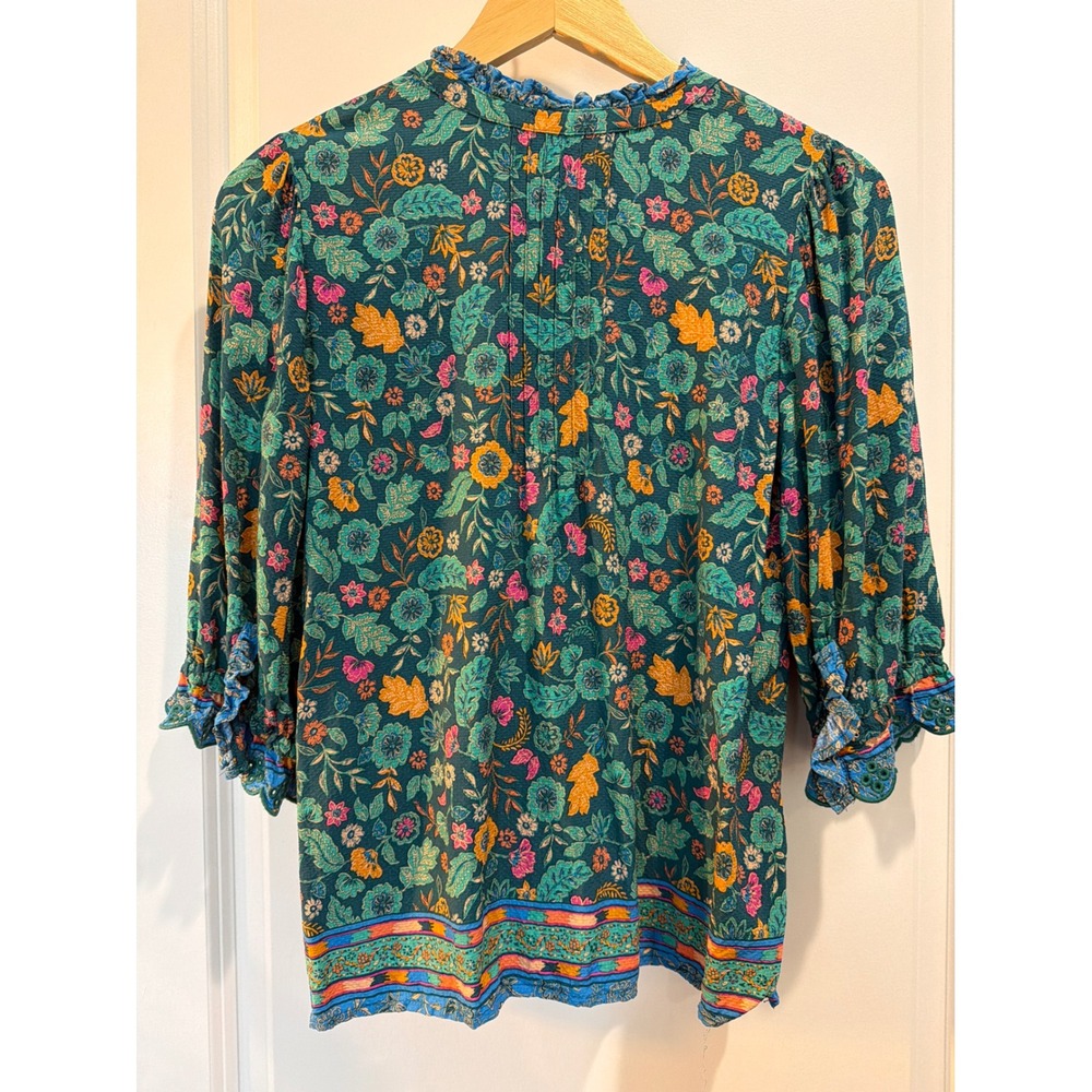 Democracy Womens Floral Ruffle Neck Blouse Teal Multi 3/4 Sleeve Top XS